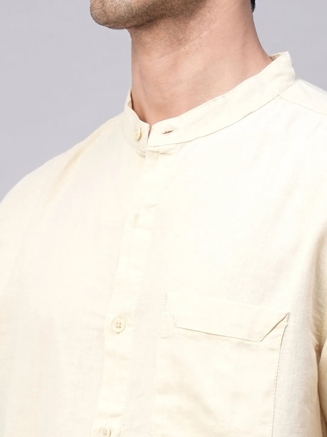 Women Cottonworld Shirts | Shirts^Men's Cotton Linen Band Collar Regular Fit Shirt