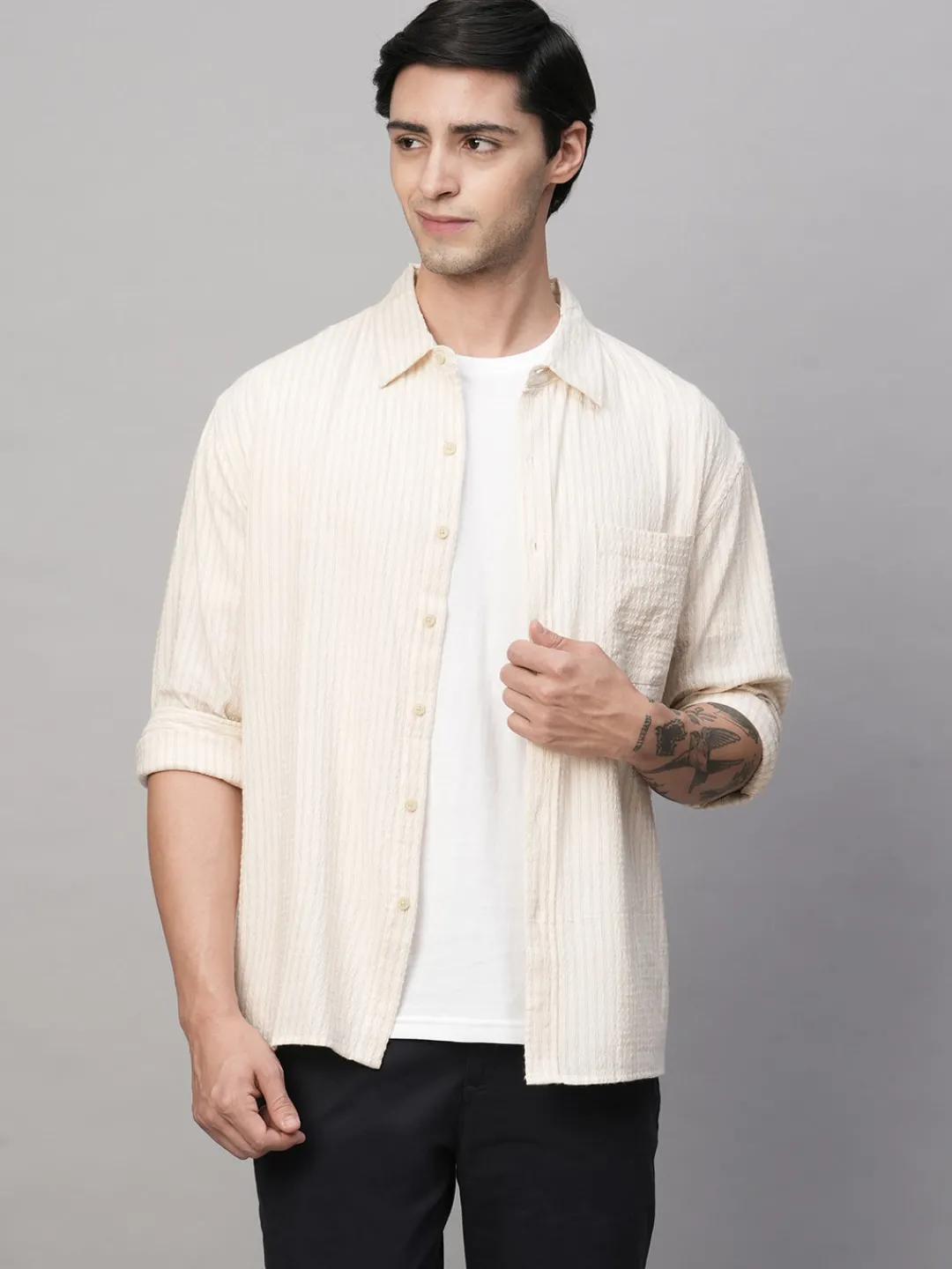 Women Cottonworld Striped | Striped^Men's Cotton Viscose Regular Fit Striped Shirt