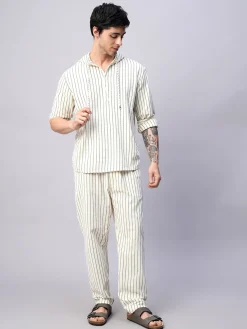Women Cottonworld Striped | Striped^Men's 100% Cotton Regular Fit Hooded Shirt