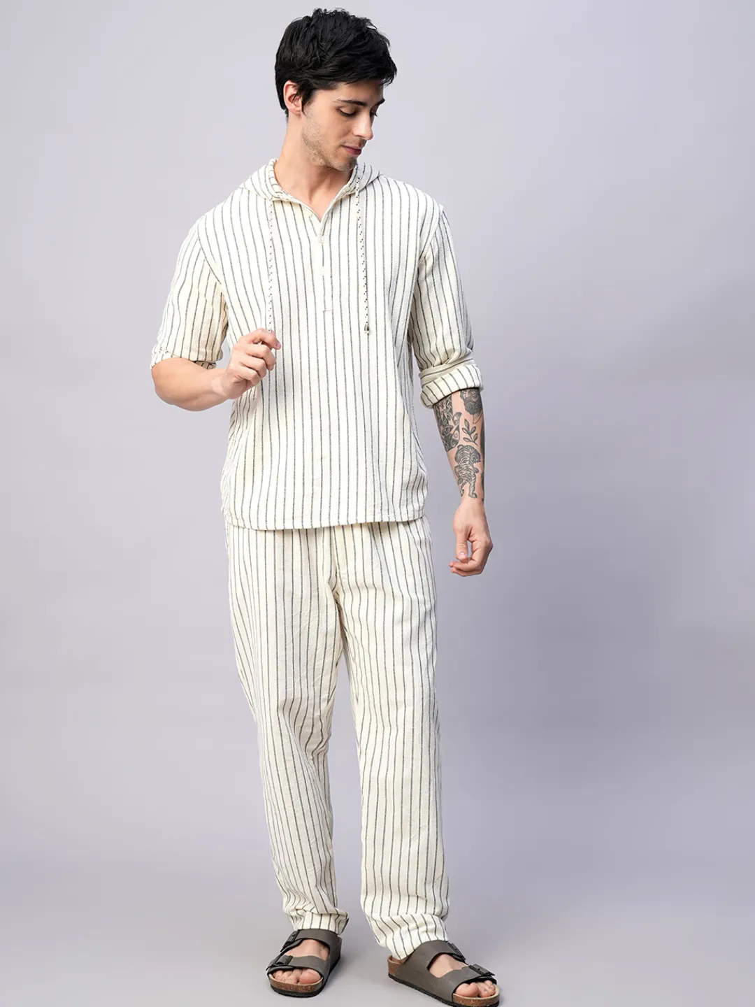Women Cottonworld Striped | Striped^Men's 100% Cotton Regular Fit Hooded Shirt