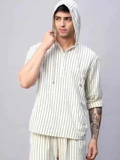 Women Cottonworld Striped | Striped^Men's 100% Cotton Regular Fit Hooded Shirt