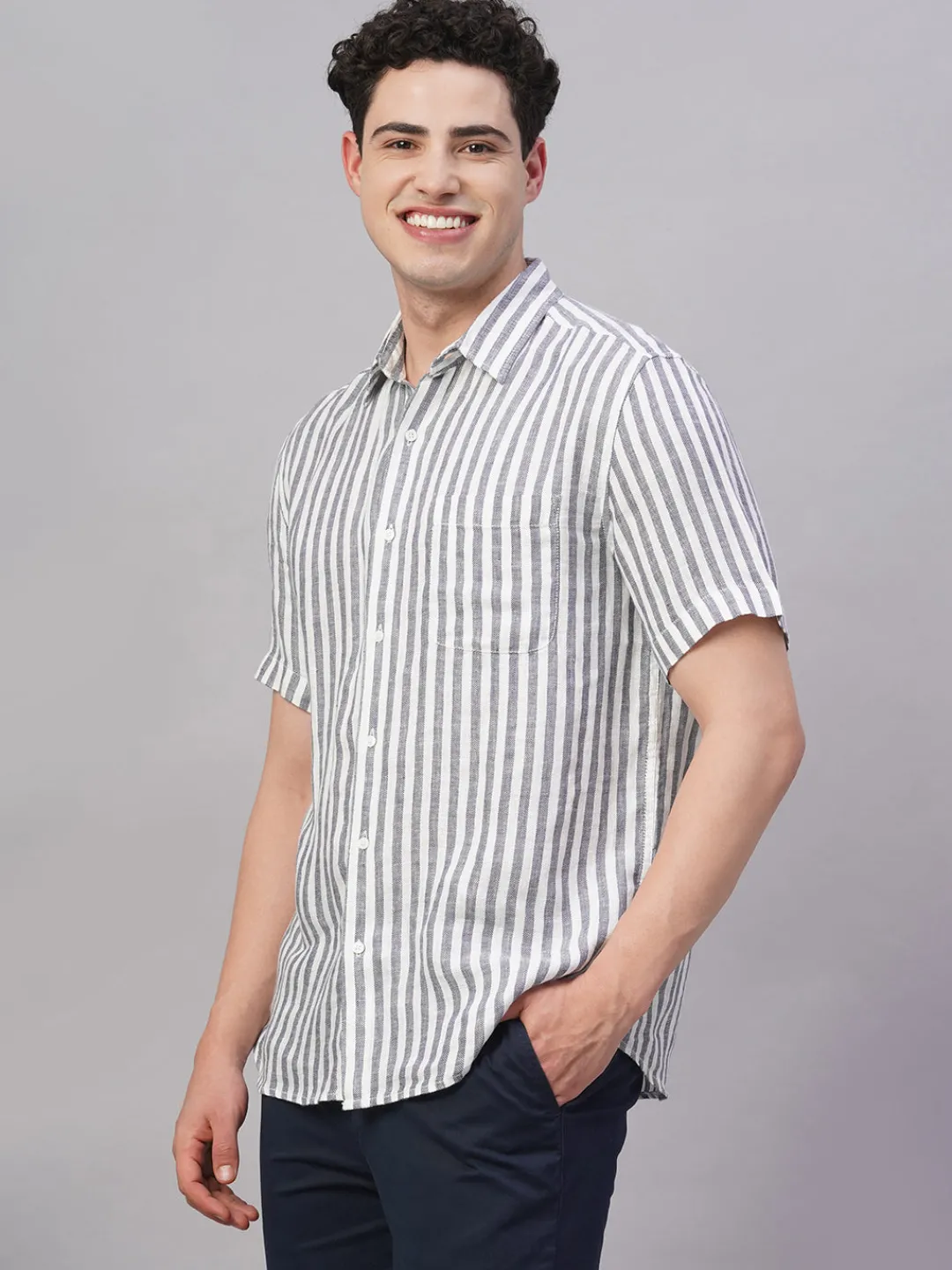 Women Cottonworld Striped | Striped^Men's 100% Linen Regular Fit Shirt