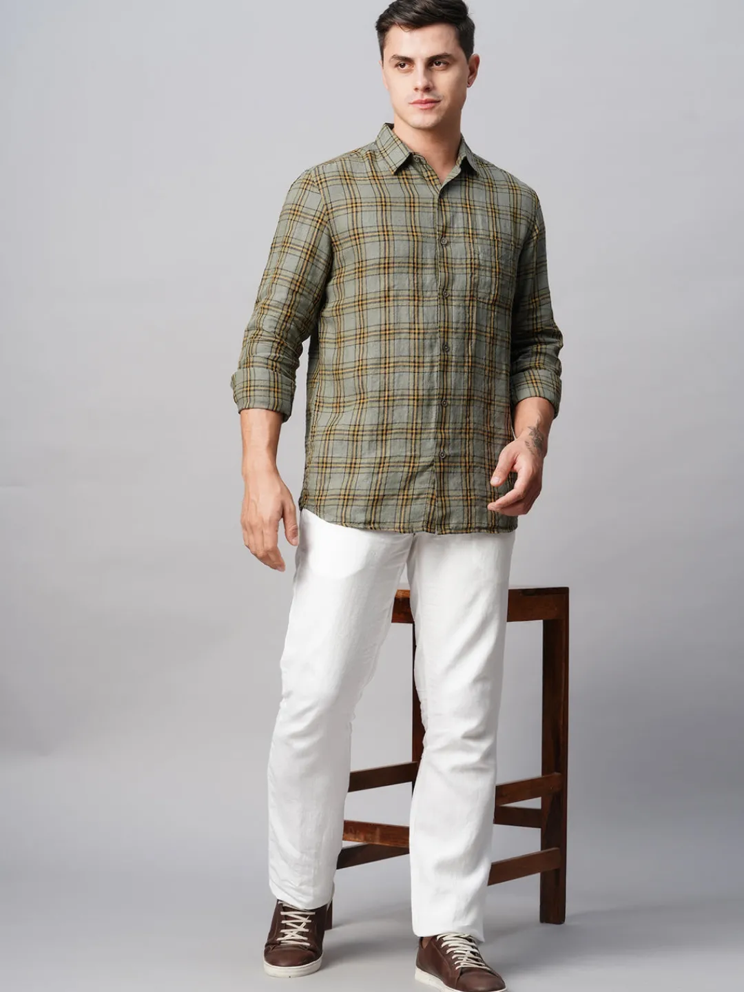 Women Cottonworld 100% Linen Shirts | 100% Linen Shirts^Men's 100% Linen Regular Fit Checked Shirt