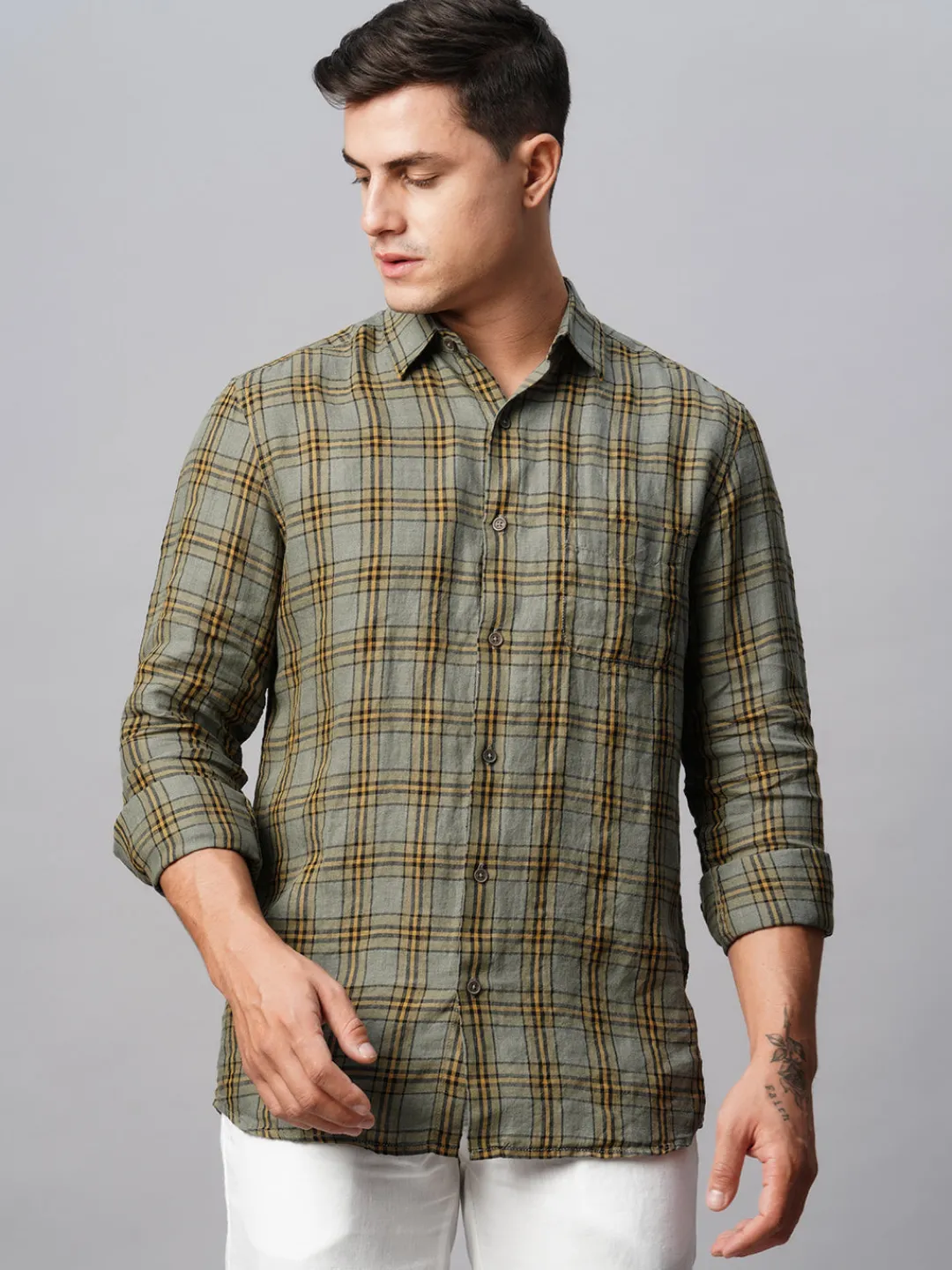 Women Cottonworld 100% Linen Shirts | 100% Linen Shirts^Men's 100% Linen Regular Fit Checked Shirt