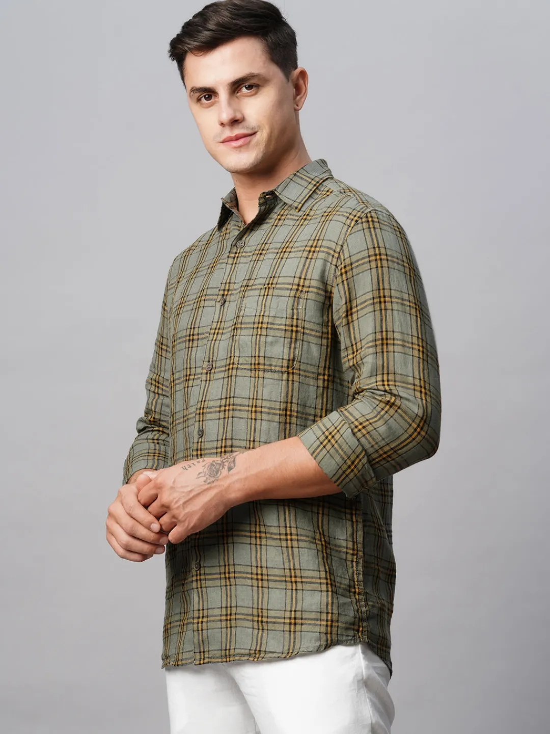 Women Cottonworld 100% Linen Shirts | 100% Linen Shirts^Men's 100% Linen Regular Fit Checked Shirt