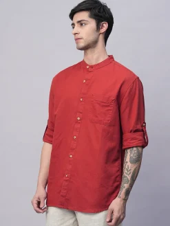 Women Cottonworld Shirts | Shirts^Men's Cotton Linen Band Collar Regular Fit Shirt