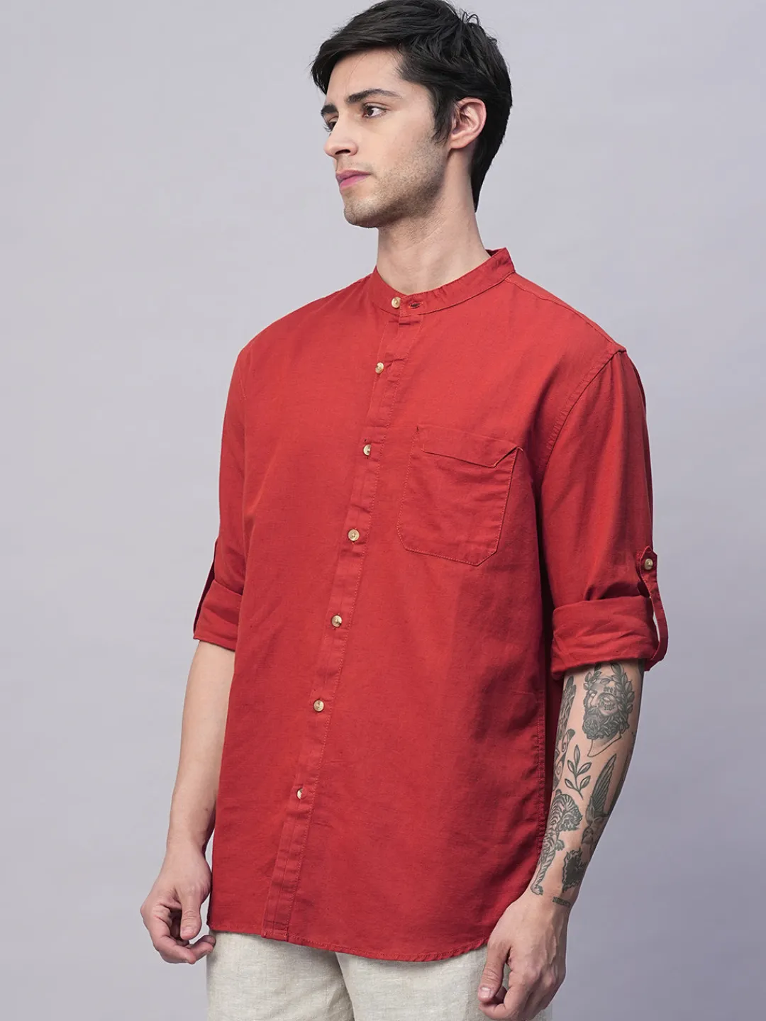 Women Cottonworld Shirts | Shirts^Men's Cotton Linen Band Collar Regular Fit Shirt