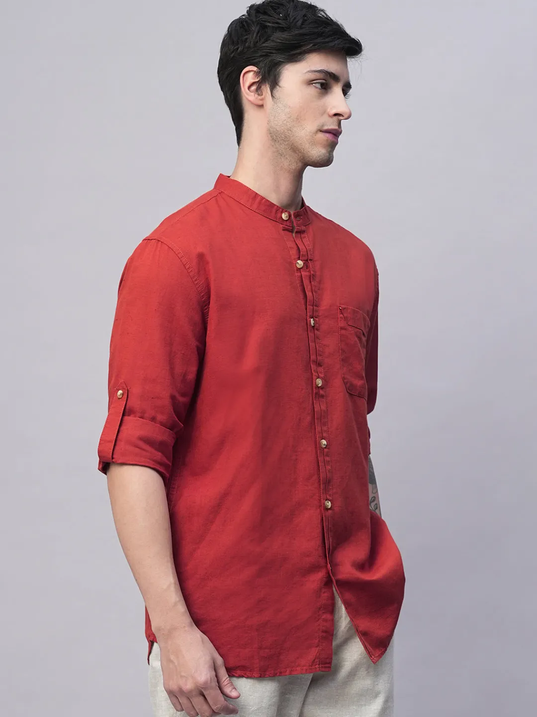 Women Cottonworld Shirts | Shirts^Men's Cotton Linen Band Collar Regular Fit Shirt