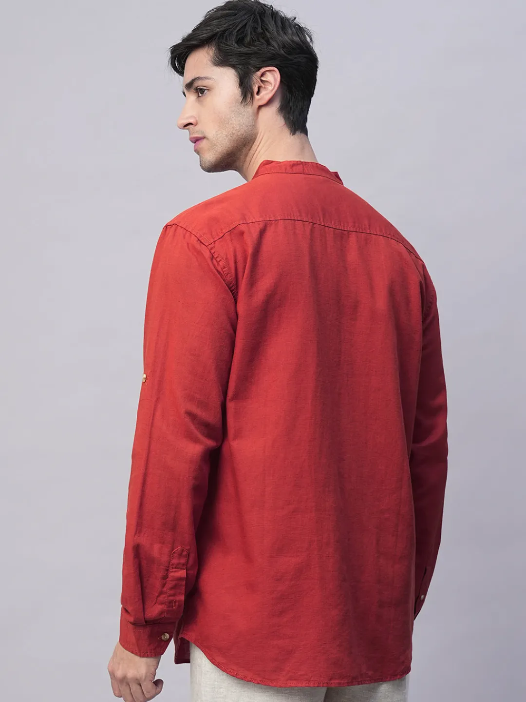 Women Cottonworld Shirts | Shirts^Men's Cotton Linen Band Collar Regular Fit Shirt