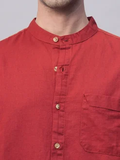 Women Cottonworld Shirts | Shirts^Men's Cotton Linen Band Collar Regular Fit Shirt