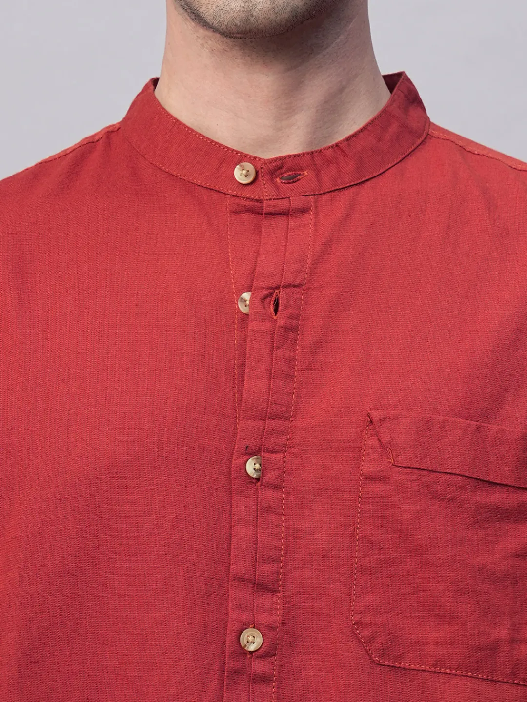 Women Cottonworld Shirts | Shirts^Men's Cotton Linen Band Collar Regular Fit Shirt