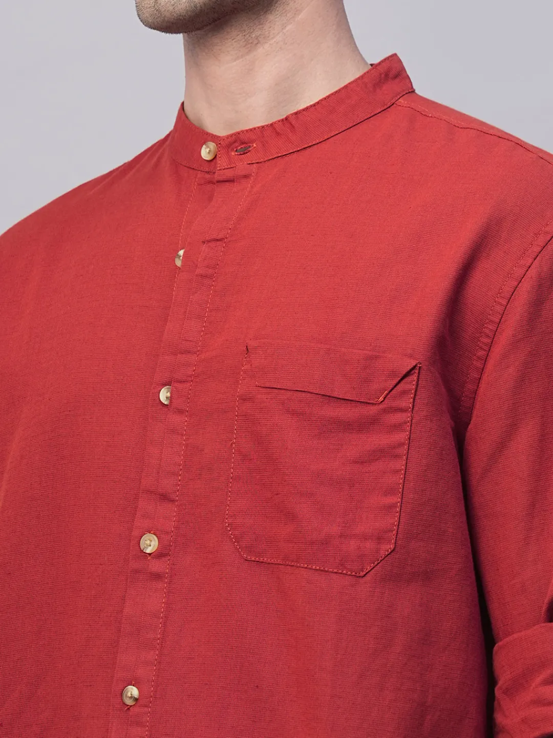 Women Cottonworld Shirts | Shirts^Men's Cotton Linen Band Collar Regular Fit Shirt