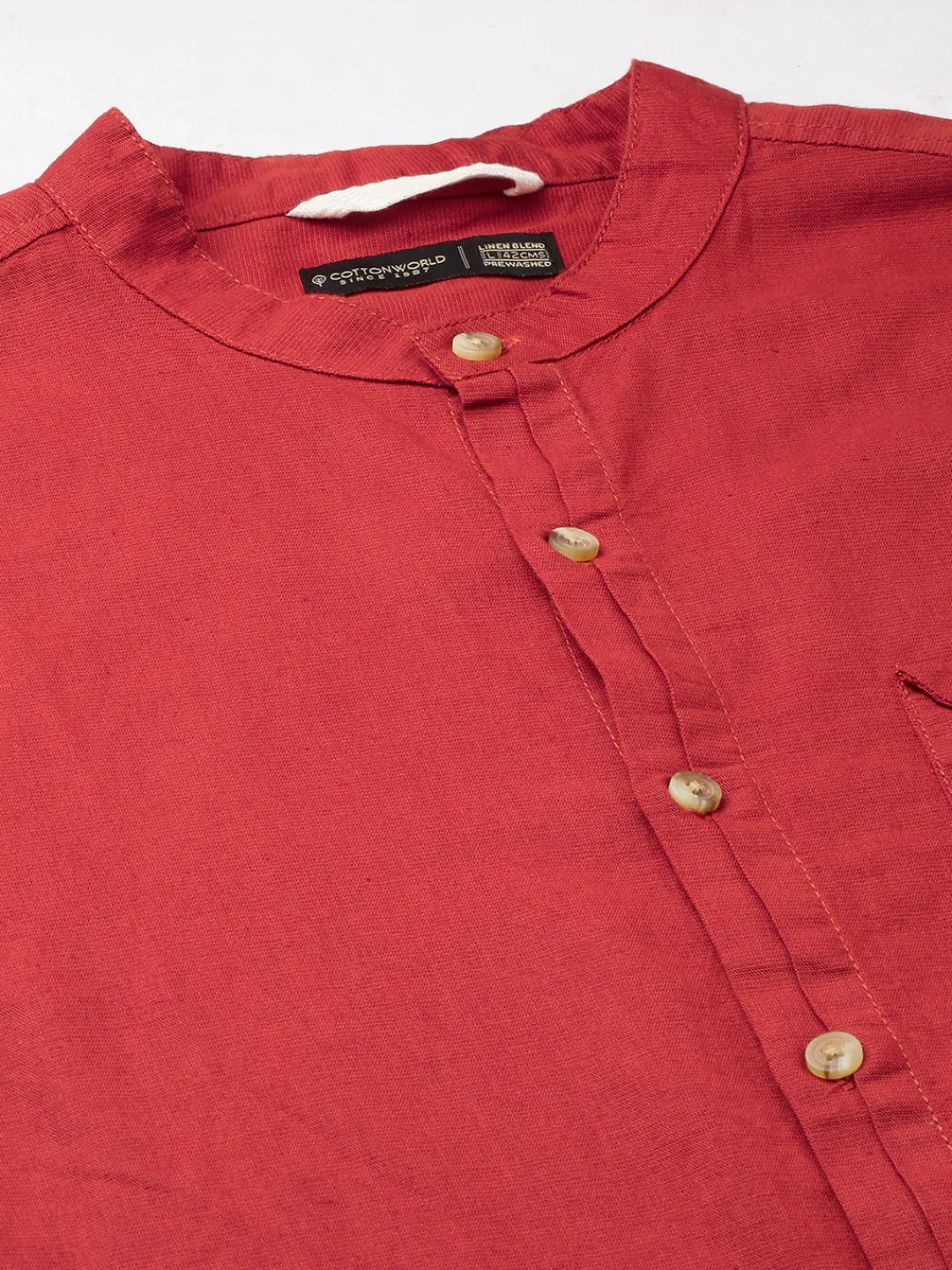 Women Cottonworld Shirts | Shirts^Men's Cotton Linen Band Collar Regular Fit Shirt