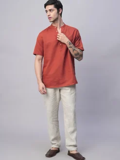 Women Cottonworld Shirts | Shirts^Men's Linen Cotton Slim Fit Band Collar Kurta Shirt