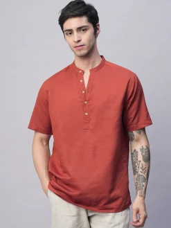 Women Cottonworld Shirts | Shirts^Men's Linen Cotton Slim Fit Band Collar Kurta Shirt