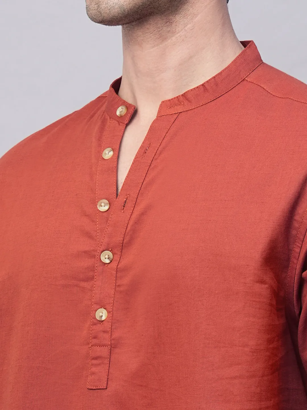 Women Cottonworld Shirts | Shirts^Men's Linen Cotton Slim Fit Band Collar Kurta Shirt
