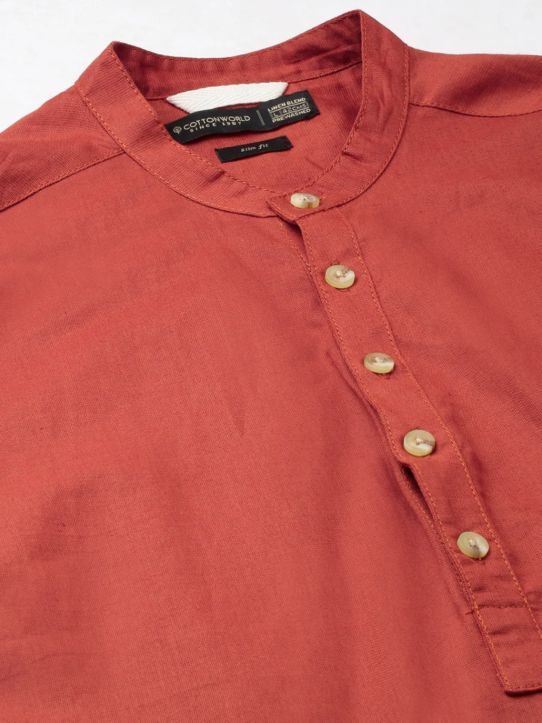 Women Cottonworld Shirts | Shirts^Men's Linen Cotton Slim Fit Band Collar Kurta Shirt