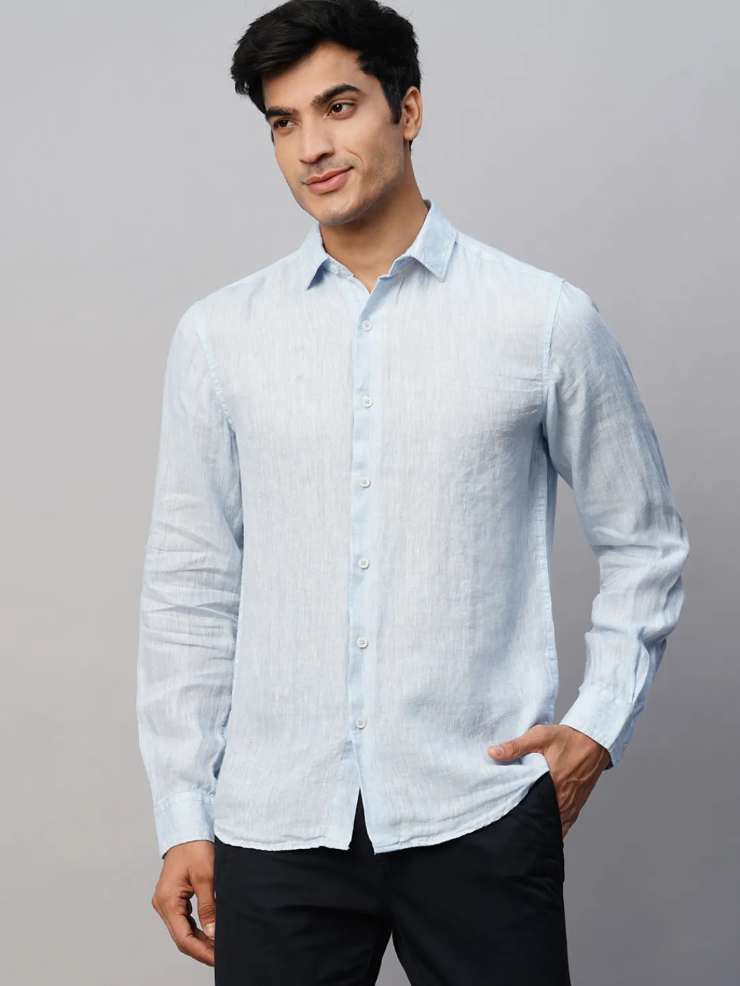 Women Cottonworld 100% Linen Shirts | 100% Linen Shirts^Men's Blue 100% Linen Slim Fit Long Sleeved Shirt