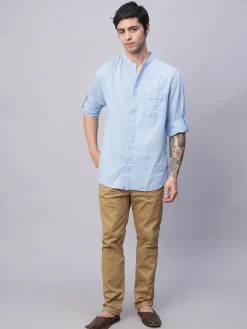 Women Cottonworld Shirts | Shirts^Men's Cotton Linen Band Collar Regular Fit Shirt