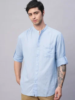 Women Cottonworld Shirts | Shirts^Men's Cotton Linen Band Collar Regular Fit Shirt