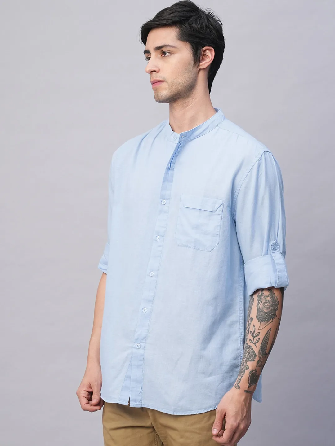 Women Cottonworld Shirts | Shirts^Men's Cotton Linen Band Collar Regular Fit Shirt