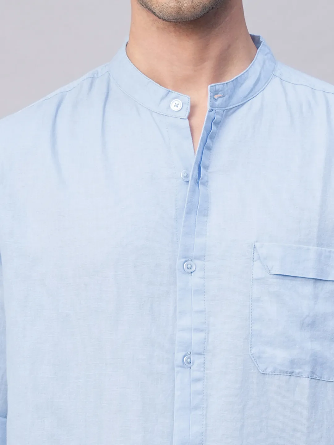 Women Cottonworld Shirts | Shirts^Men's Cotton Linen Band Collar Regular Fit Shirt