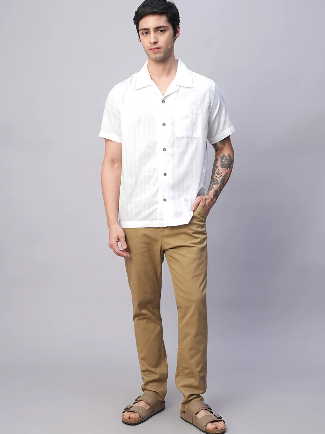 Women Cottonworld Striped | Striped^Men's 100% Cotton Stripe Regular Fit Cuban Collar Shirt