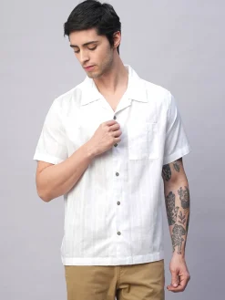 Women Cottonworld Striped | Striped^Men's 100% Cotton Stripe Regular Fit Cuban Collar Shirt