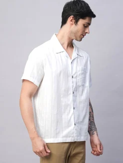 Women Cottonworld Striped | Striped^Men's 100% Cotton Stripe Regular Fit Cuban Collar Shirt