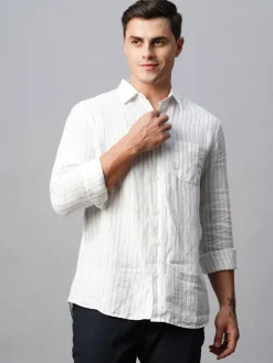 Women Cottonworld 100% Linen Shirts | 100% Linen Shirts^Men's 100% Linen Regular Fit Long Sleeved Striped Shirt