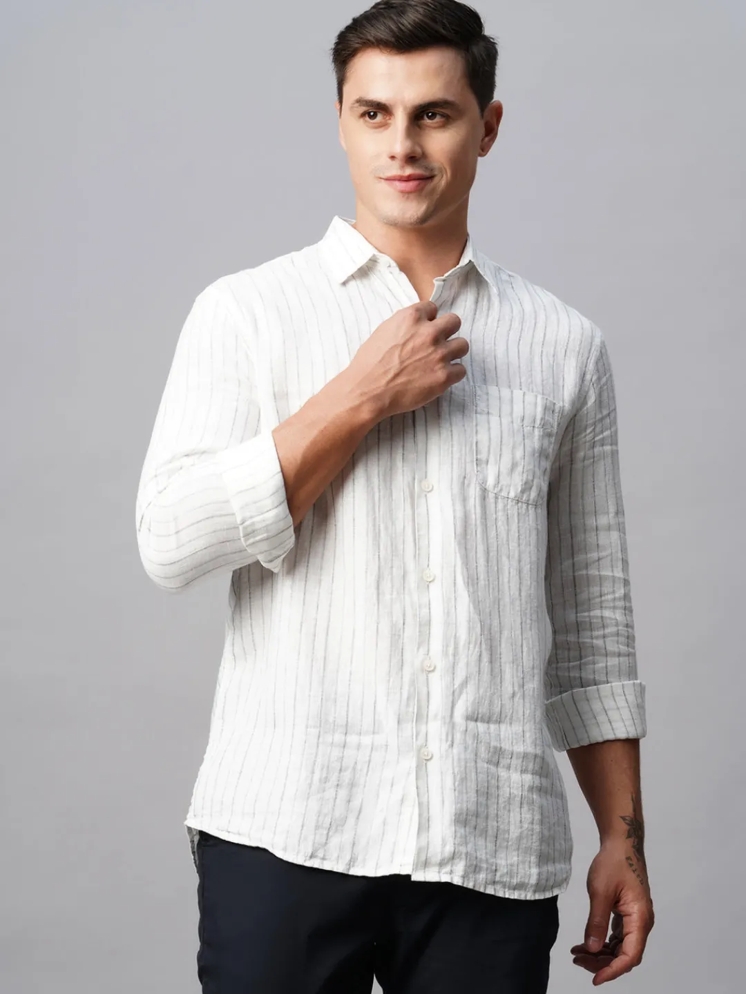 Women Cottonworld 100% Linen Shirts | 100% Linen Shirts^Men's 100% Linen Regular Fit Long Sleeved Striped Shirt