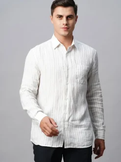 Women Cottonworld 100% Linen Shirts | 100% Linen Shirts^Men's 100% Linen Regular Fit Long Sleeved Striped Shirt