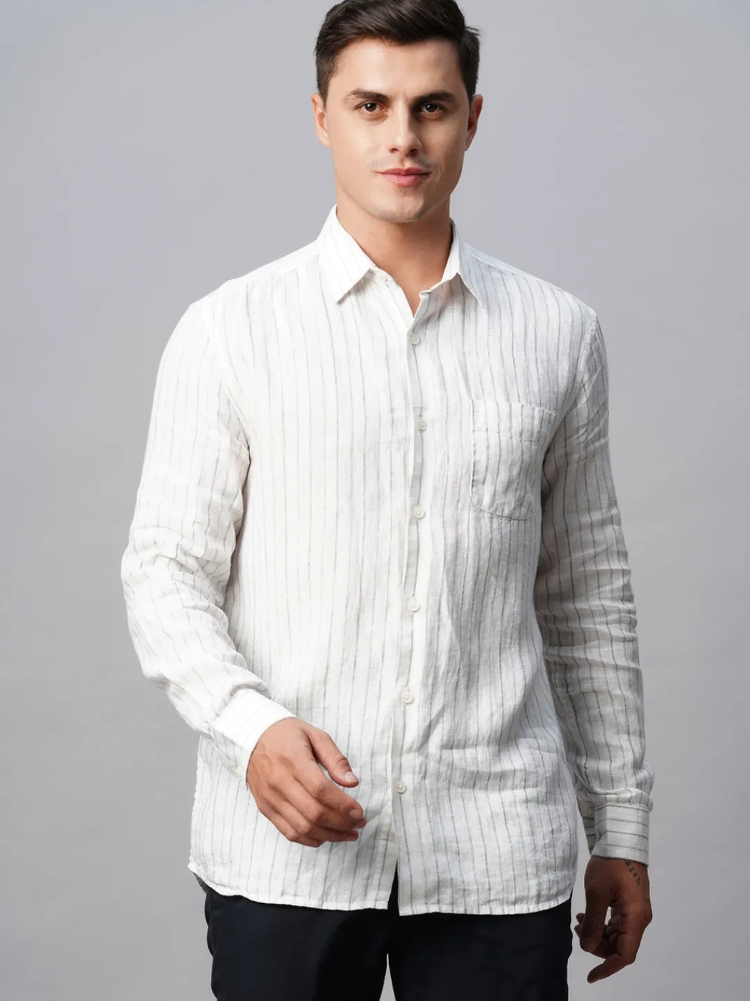 Women Cottonworld 100% Linen Shirts | 100% Linen Shirts^Men's 100% Linen Regular Fit Long Sleeved Striped Shirt