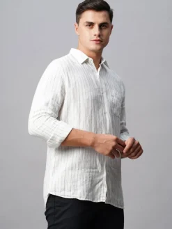 Women Cottonworld 100% Linen Shirts | 100% Linen Shirts^Men's 100% Linen Regular Fit Long Sleeved Striped Shirt
