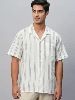 Women Cottonworld Shirts | Shirts^Men's Linen Cotton Regular Fit Striped Shirt