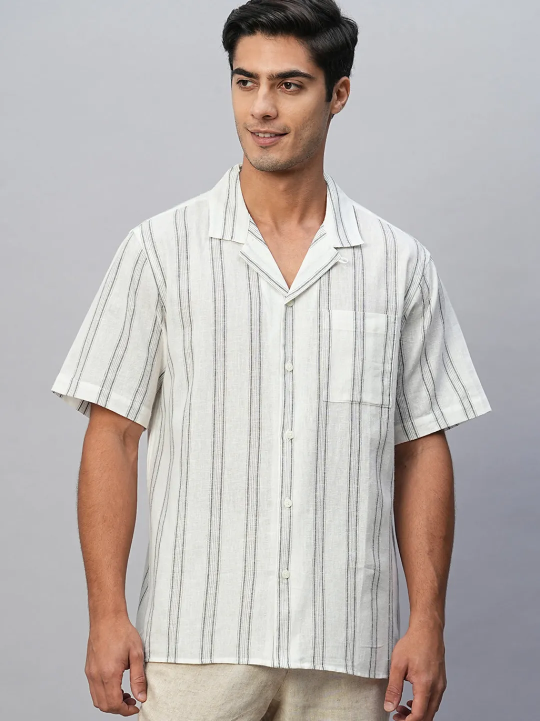 Women Cottonworld Shirts | Shirts^Men's Linen Cotton Regular Fit Striped Shirt