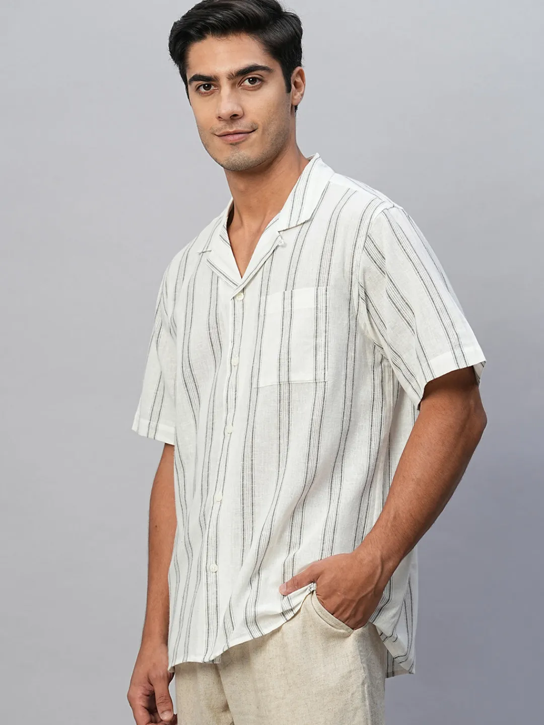 Women Cottonworld Shirts | Shirts^Men's Linen Cotton Regular Fit Striped Shirt