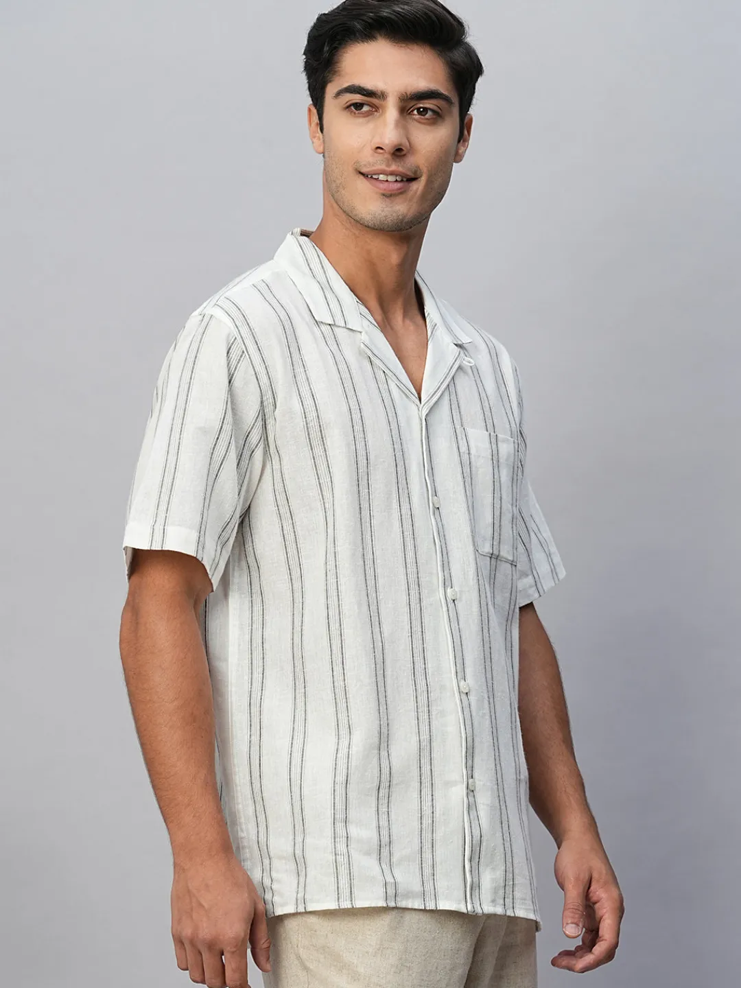 Women Cottonworld Shirts | Shirts^Men's Linen Cotton Regular Fit Striped Shirt