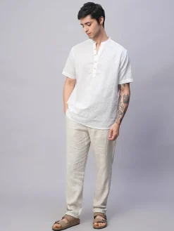 Women Cottonworld Shirts | Shirts^Men's Linen Cotton Slim Fit Band Collar Kurta Shirt