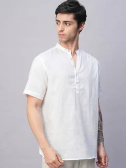 Women Cottonworld Shirts | Shirts^Men's Linen Cotton Slim Fit Band Collar Kurta Shirt