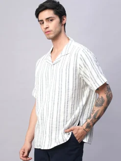 Women Cottonworld Striped | Striped^Men's 100% Cotton Loose Fit Cuban Collar Shirt