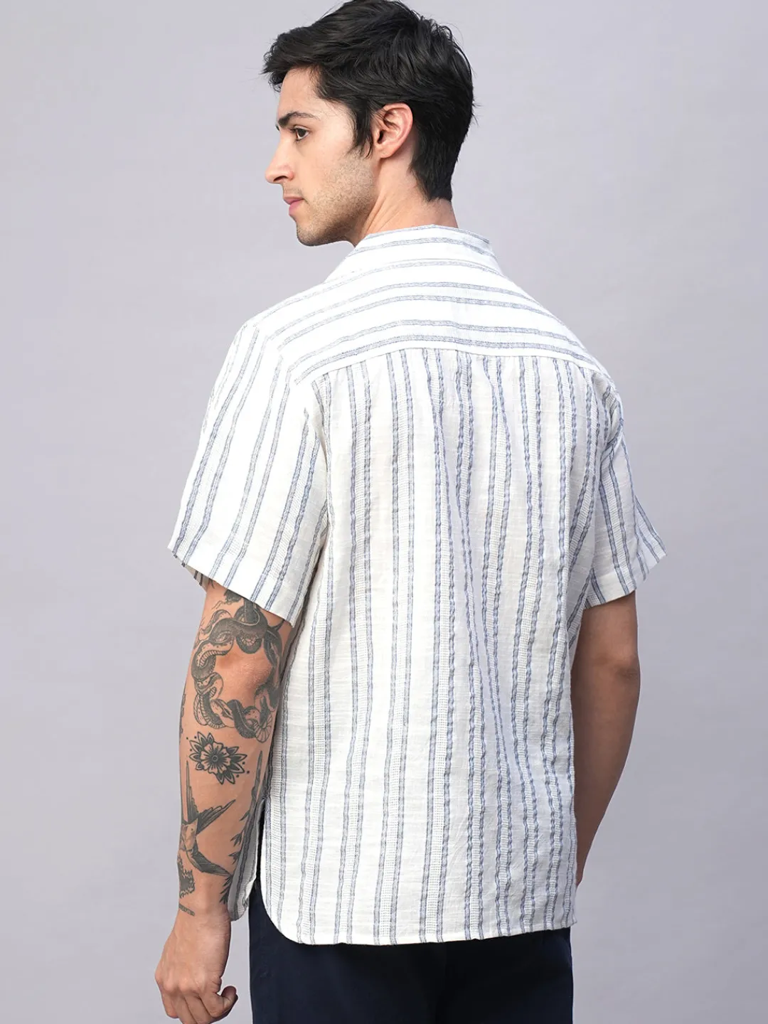 Women Cottonworld Striped | Striped^Men's 100% Cotton Loose Fit Cuban Collar Shirt