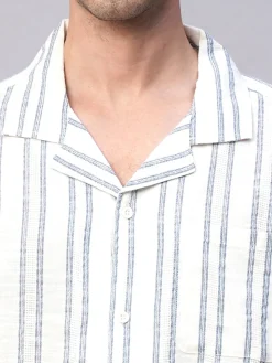 Women Cottonworld Striped | Striped^Men's 100% Cotton Loose Fit Cuban Collar Shirt