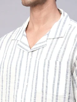 Women Cottonworld Striped | Striped^Men's 100% Cotton Loose Fit Cuban Collar Shirt