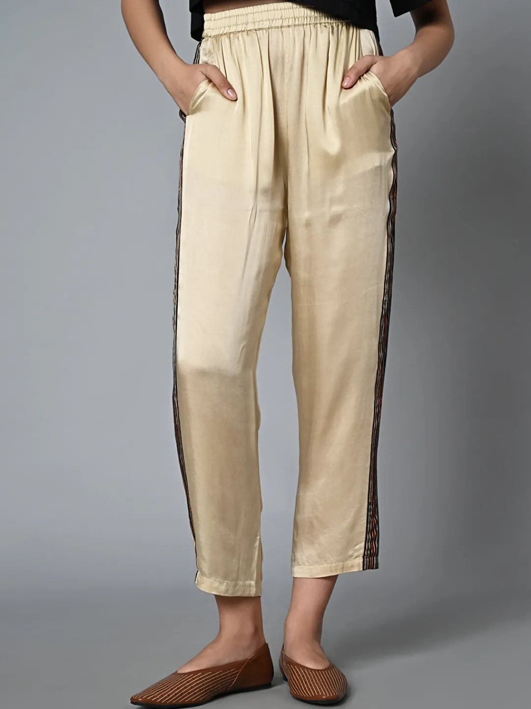 Women Cottonworld Trousers^Women's Ajrak Hand Block Printed Regular Fit Modal Offwhite Pant