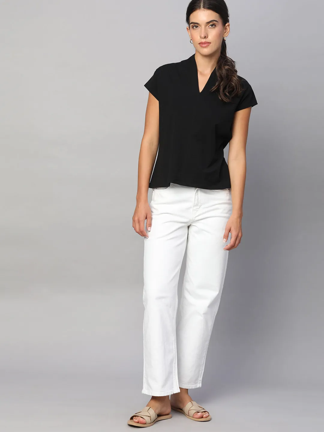 Women Cottonworld V-Neck^Women's Cotton Elastane Slim Fit Tshirt