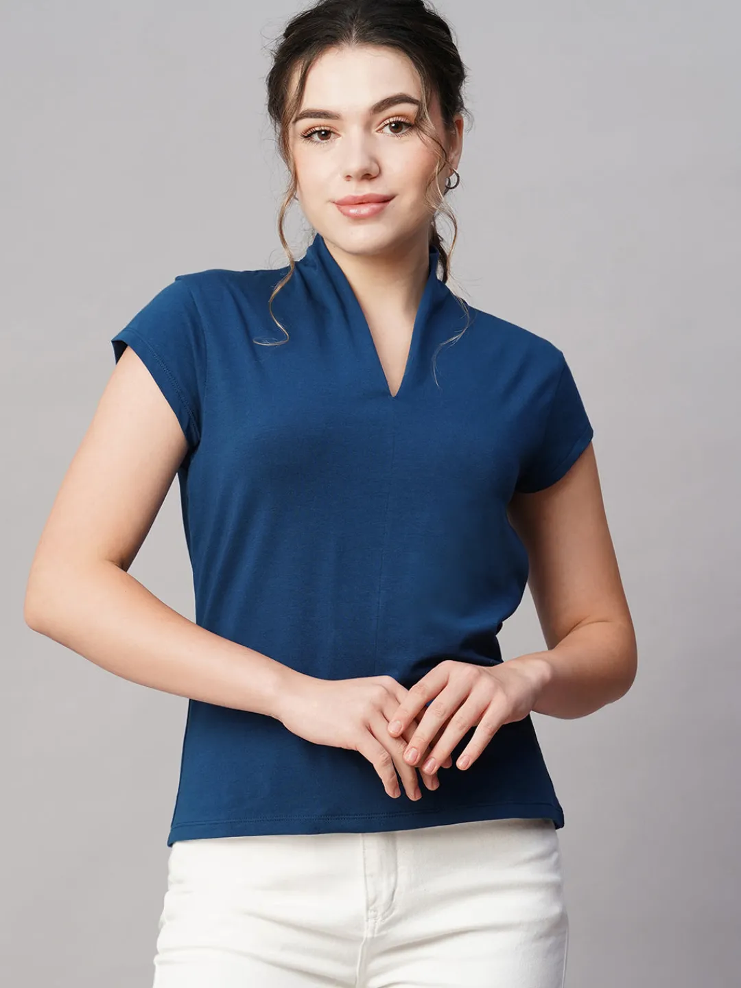 Women Cottonworld V-Neck^Women's Cotton Elastane Slim Fit Tshirt