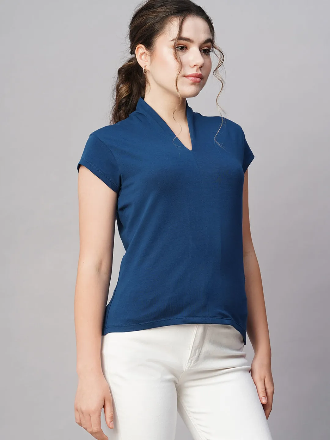 Women Cottonworld V-Neck^Women's Cotton Elastane Slim Fit Tshirt
