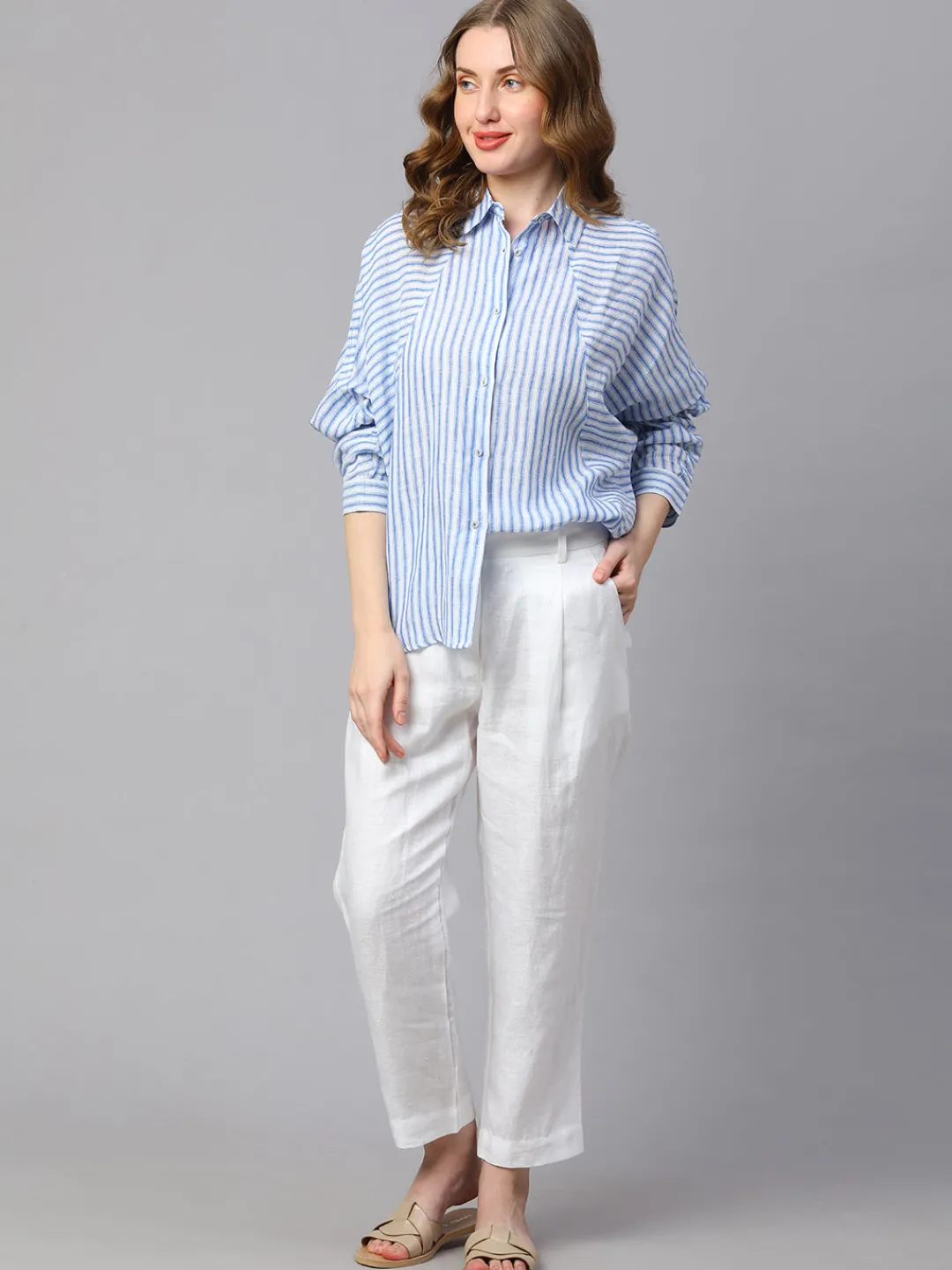 Women Cottonworld Tops & Shirts | Tops & Shirts^Women's Blue Striped Linen Shirt