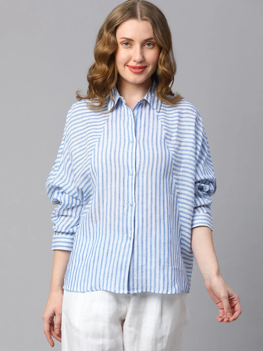 Women Cottonworld Tops & Shirts | Tops & Shirts^Women's Blue Striped Linen Shirt